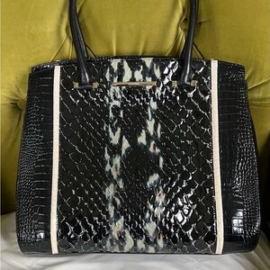 Brahmin Black and Cream Croc-Embossed Tote